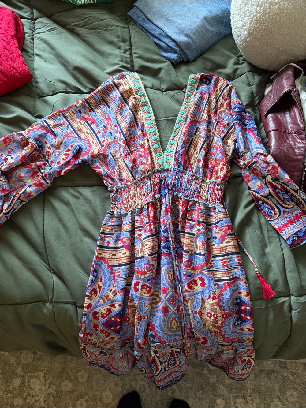 Deep V-Neck Paisley Print Mini Dress in Multicolor